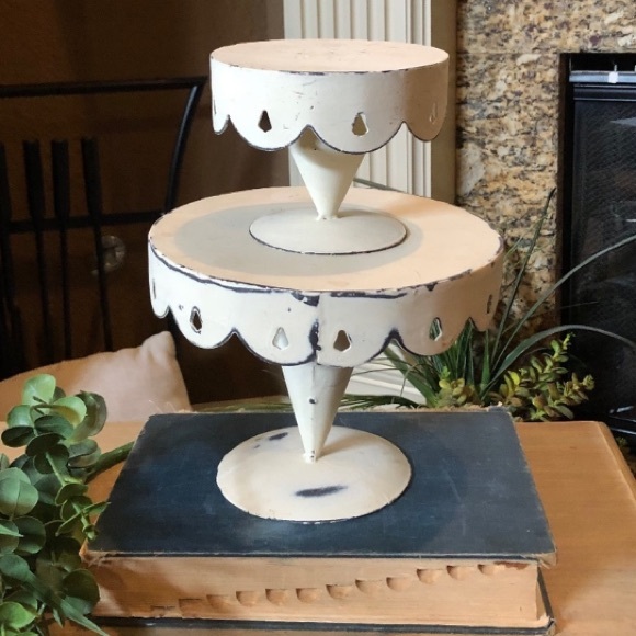 Vintage Farmhouse Shabby Chic Metal Distressed Two Tiered Scalloped Edge Stands - Picture 2 of 9